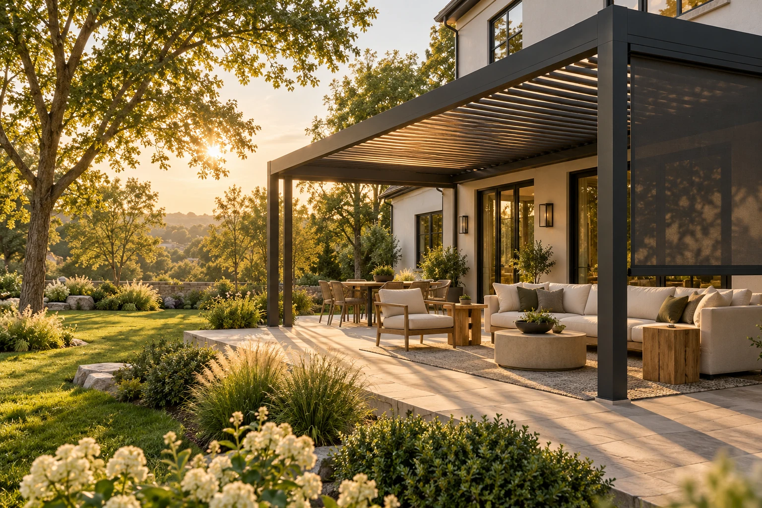 Illustrative outdoor terrace with a charcoal pergola, comfortable seating and a side screen